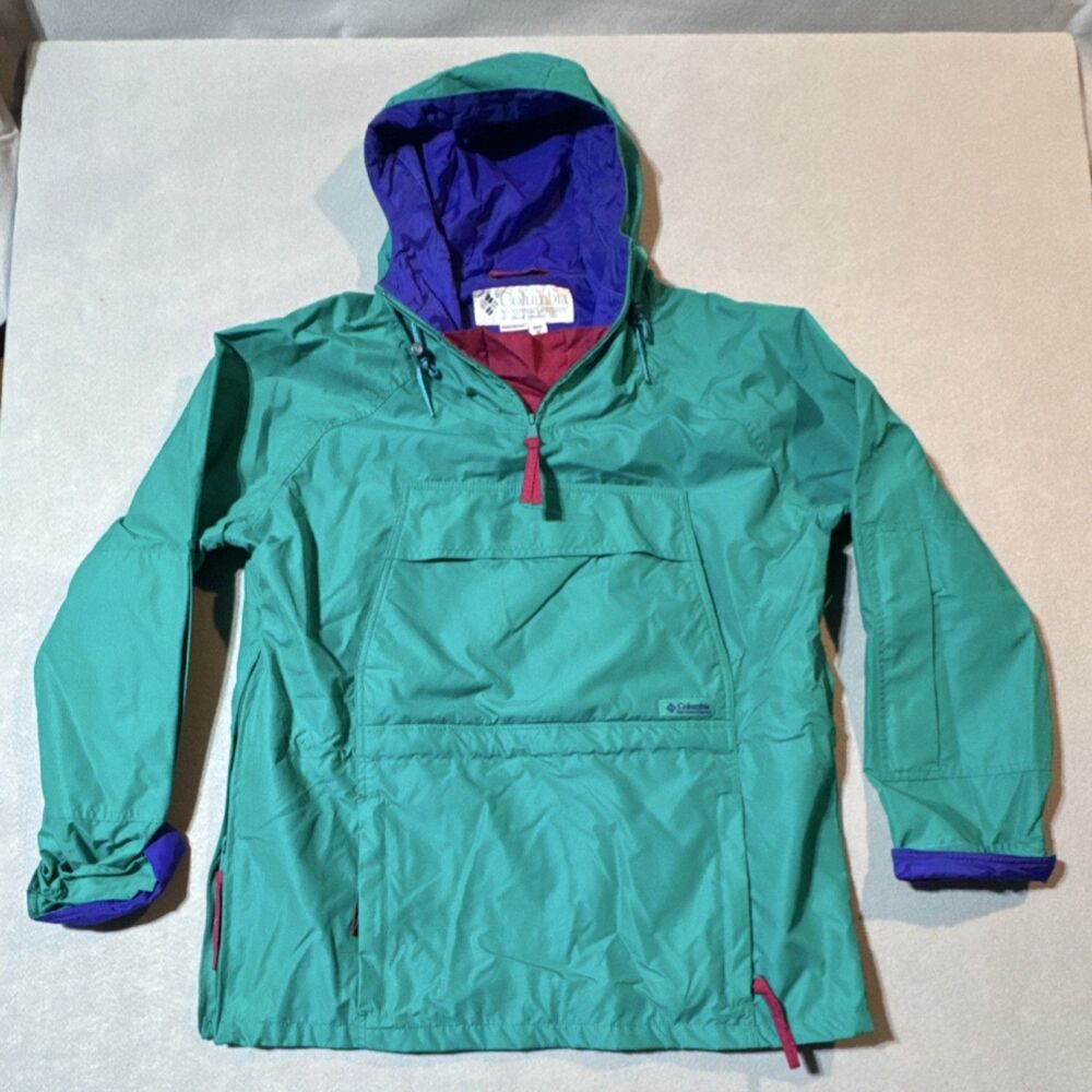 Columbia Men's Hooded Anorak Pullover Jacket Pockets M Green Purple Pink Vintage